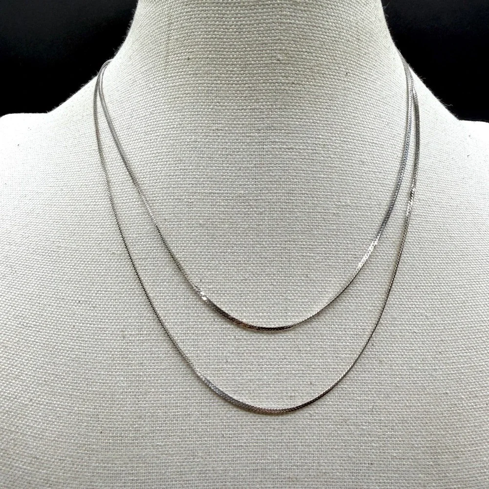Silver Tone Double Strand Herringbone Chain Necklace Layered Minimalist Jewelry